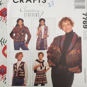 May include: A sewing pattern for a jacket, vest, and wrap skirt. The pattern is for sizes 8 to 16. The pattern is from McCall's Crafts and is called "Creative Clothing".