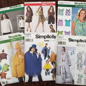 May include: A collection of six Simplicity sewing patterns for clothing. The patterns include a variety of styles, such as tops, dresses, and ponchos. The patterns are all easy-to-sew and come with instructions.