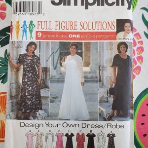 May include: Simplicity sewing pattern number 7163 for a full figure dress or robe. The pattern includes nine different looks, with a variety of necklines, sleeves, and lengths. The pattern is for sizes 18W-24W.