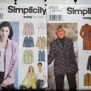 UNCUT: Simplicity 5455 Pattern, Simplicity 5855 Pattern, Misses Shirt Pattern, Misses Coat pattern, jacket pattern and Vest Pattern.