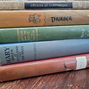 May include: A stack of vintage books with titles including "Sunrise at Campobello", "Thurber Carnival", "Anna and the King", and "Mary Queen of Scotland and the Isles". The books are in various colors, including tan, green, and blue.