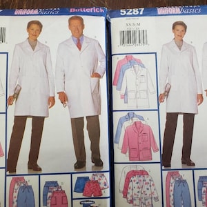 May include: A sewing pattern for a white lab coat with long sleeves and pockets. The pattern includes instructions for making a variety of sizes, from XS to XL. The pattern is from Butterick and has the number 5287 on it.