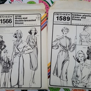 May include: Two vintage sewing patterns for a wrap dress and double-breasted blouse, and a hidden placket dress and blouse. The patterns are from Stretch & Sew and are numbered 1566 and 1589. The patterns are printed on white paper with black ink and feature line drawings of women wearing the garments.