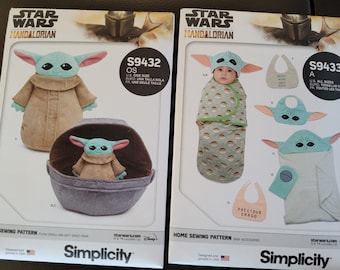 UNCUT: Simplicity 9432 Pattern, Simplicity 9433 Pattern, Plush Grogu Pattern and soft space pram, Grogu bib, Star Wars Baby Wrap Pattern