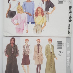 May include: Two sewing pattern packages for women's clothing. The top package is Butterick pattern 3030, size XS-S-M, and features four different tops. The bottom package is Butterick pattern 5087, size L-XL, and features four different skirts and vests.