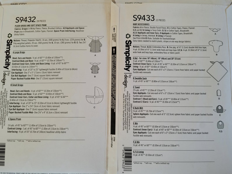 May include: Sewing pattern instructions for making a plush Grogu doll and a space pram. The pattern includes fabric requirements, notions, and instructions for making the doll and pram. The pattern is from Simplicity design.