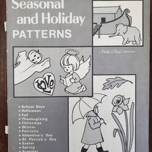 May include: A black and white book cover with the title "Seasonal and Holiday Patterns". The cover features illustrations of a ghost, an angel, a person with an umbrella, and a flower.