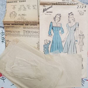 May include: Vintage sewing pattern for a princess dress. The pattern is for size 14, with a bust measurement of 32 inches and a hip measurement of 35 inches. The pattern is from Advance Patterns and is numbered 2729.