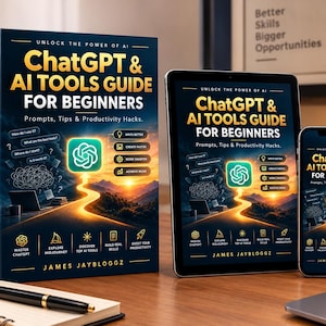 Op de afbeelding: Een hardcover boek, een tablet en een smartphone met de titel ChatGPT & AI Tools Guide for Beginners door James Jaybloggz. De cover toont een gloeiend pad dat naar een zonsopgang leidt, het ChatGPT-logo en diverse iconen.