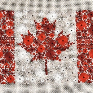 May include: Embroidered Canadian flag featuring a red maple leaf and red and white floral patterns on a beige background. The flag's design is meticulously crafted with detailed stitching, showcasing a blend of artistry and national pride.