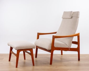Fauteuil inclinable moderne en teck avec repose-pieds, Danemark - (D1556)