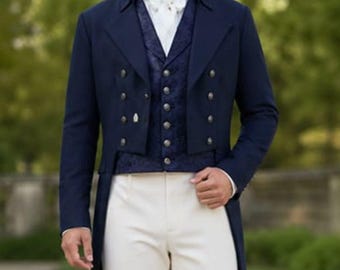 Men's Gentlemen 18th Victorian Colonial Regency Blue Wool Custom-mad Tailcoat