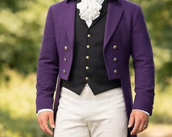 Men's Purple Wool Victorian Frock Coat, Regency Tailcoat, Wedding Jacket