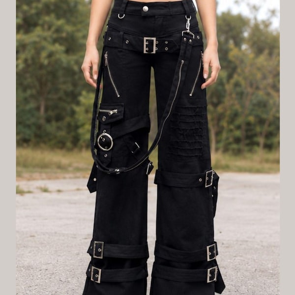 Gothic Rave Pants, Black Cotton, Buckle Straps, Zip Pockets, Detachable Straps