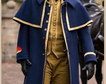 Men's Blue Wool Inverness Cape, Victorian Duster Coat with Gold Lace