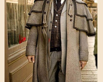 Men's Gray Wool Inverness Cape, Medieval Duster Greatcoat with Black Piping