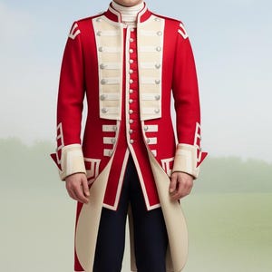 Peut inclure: Un manteau rouge de style militaire avec des accents crème, des boutons et des poignets. Le manteau est associé à un pantalon bleu marine et des chaussures noires. Le manteau présente un col haut et une coupe longue et ajustée.