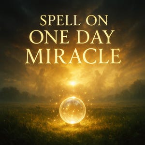 Könnte beinhalten: Digitales Kunstbild mit dem Text "SPELL ON ONE DAY MIRACLE" in goldener Schrift. Eine leuchtende Kristallkugel befindet sich in einem Grasfeld, mit hellem Licht im Hintergrund. Das Farbschema ist Gold und Gelb.