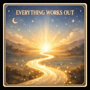 Może przedstawiać: Grafika z napisem "EVERYTHING WORKS OUT". Obraz przedstawia wijącą się, świecącą ścieżkę prowadzącą do jasnego światła, z księżycem i gwiazdami na niebieskim niebie. Góry i drzewa otaczają ścieżkę.