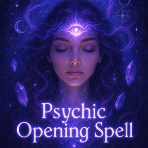 May include: Digital art of a woman with closed eyes, surrounded by a cosmic background of purples and blues. The image features the text "Psychic Opening Spell" in white, with crystal-like shapes and celestial elements.