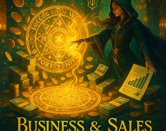 May include: An illustration of a woman in a dark green hooded robe conjuring a glowing golden circle with text. Stacks of money and coins surround the circle. The words "Business & Sales Boost Spell" are at the bottom.