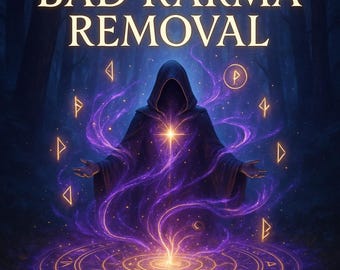 May include: Digital art featuring the text "BAD KARMA REMOVAL" above a hooded figure with outstretched arms. The figure is surrounded by swirling purple energy and glowing symbols, set against a dark forest backdrop.