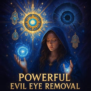 May include: A digital illustration featuring a woman in a blue hooded cloak, with a glowing blue orb between her hands. The image includes celestial symbols and the text "POWERFUL EVIL EYE REMOVAL" in gold lettering.