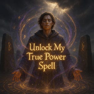 May include: Digital art featuring a person in a hooded robe with hands outstretched, surrounded by glowing energy and runes. The text "Unlock My True Power Spell" is displayed in gold lettering.