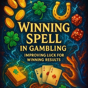 May include: An illustration with the text "WINNING SPELL IN GAMBLING" features gold coins, dice, playing cards, a horseshoe, and clovers. The text "IMPROVING LUCK FOR WINNING RESULTS" is also included. The background is a dark blue with glowing lines.