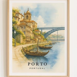 Porto Portugal Watercolor Print – Douro River Wall Art – Digital Download Poster – European Cityscape Decor – Rabelo Boat Illustration