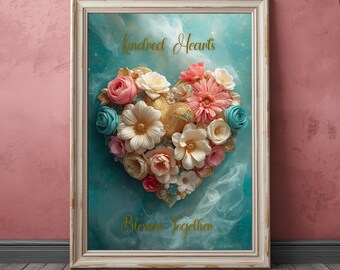 Floral Heart Art Print: Teal, Gold, and Blush Flower Artwork