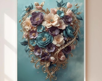 Floral Heart Art Print, Romantic Teal Plum Blush Artwork, Cottagecore Shabby Chic Decor