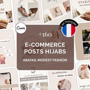 Op de afbeelding: Een digitale collectie van 160 e-commerce social media sjablonen voor hijabs, abaya's en bescheiden mode. De sjablonen bevatten neutrale beige en bruine tinten, inclusief tekstplaatsaanduidingen, productfotolay-outs en promotionele afbeeldingen.
