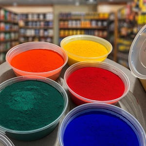 Peut inclure: Gros plan sur plusieurs récipients en plastique remplis de poudres colorées vibrantes. Les couleurs comprennent l'orange, le jaune, le rouge, le vert et le bleu. Les récipients sont ronds et transparents, avec des couvercles visibles sur certains. Les poudres semblent finement moulues.