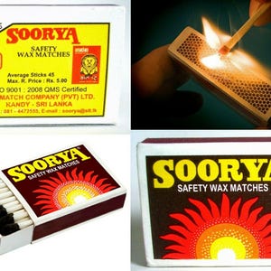 Może przedstawiać: Pudełko zapałek "SOORYA SAFETY WAX MATCHES" z żółtym i czerwonym wzorem. Pudełko jest białe z tekstem i logo. Zapałki mają czarne końcówki i białe korpusy.