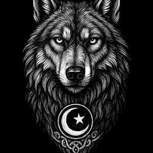 Könnte beinhalten: Detaillierte Schwarz-Weiß-Illustration eines Wolfskopfes. Der Wolf hat intensive Augen und detailliertes Fell. Ein Halbmond- und Stern-Emblem ist auf der Brust zentriert, mit einem komplizierten keltischen Knotenmuster darunter. Der Hintergrund ist tiefschwarz.