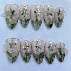 Garden Cathedral | Stained Glass Floral Press-On Nails | Hand-Painted, Reusable, Custom Sizing | Elegant Green Botanical Nails