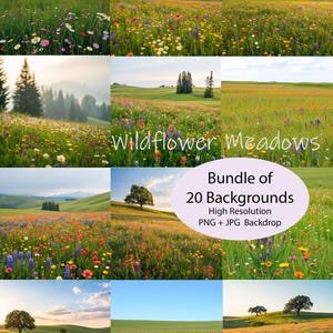 Könnte beinhalten: Eine Collage von Landschaftsfotos mit Wildblumenwiesen unter verschiedenen Himmelsbedingungen. Die Bilder zeigen Felder mit bunten Wildblumen, Bäumen und sanften Hügeln. Der Text lautet "Wildflower Meadows" und "Bundle of 20 Backgrounds".