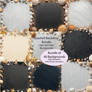 May include: A collection of square backgrounds with a seashell theme. Each square features a different color, including white, black, and beige, and is bordered with seashells, pebbles, and sand. The text "Seashell Backdrop Bundle" is visible.