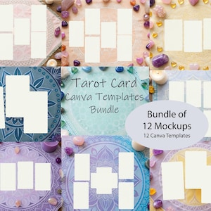 Könnte beinhalten: Eine Sammlung von Tarotkarten-Mockups, die auf gemusterten Hintergründen mit Kristallen und Kerzen angeordnet sind. Das Bild enthält den Text "Tarot Card Canva Templates Bundle" und "Bundle of 12 Mockups". Die Mockups sind rechteckig und leer.