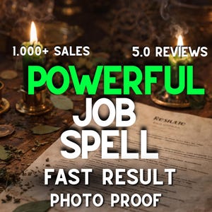 Peut inclure: Image à thème mystique avec deux bougies vertes allumées, de la fumée et le texte "POWERFUL JOB SPELL FAST RESULT PHOTO PROOF". L'arrière-plan comprend un document et des objets occultes.