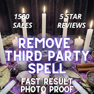 Puede incluir: Una configuración de ritual espiritual con velas blancas encendidas, cristales y hierbas sobre una tela morada. El texto incluye "1500 VENTAS", "5 ESTRELLAS RESEÑAS", "REMOVE THIRD PARTY SPELL", "FAST RESULT PHOTO PROOF".