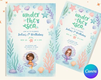 Invitación de cumpleaños bajo el mar / Plantilla editable de Canva / Invitación imprimible para fiesta infantil de 5x7 / Descarga digital con temática de sirena oceánica