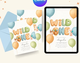 Wild One Safari Birthday Invitation | 5x7 Editable Canva Template | Animal Theme First Birthday Party Invite | Printable Digital Download