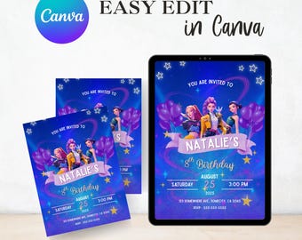 May include: A digital invitation for Natalie's 8th birthday, featuring a design with cartoon characters, purple balloons, and stars. The invitation is displayed on a tablet and printed cards, with the text "EASY EDIT in Canva."
