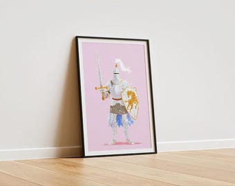 Brave Knight Nursery Print – Pink Medieval Knight Illustration (Digital Download)
