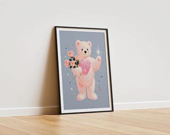 Valentine Bear Print: Glitter Heart, Roses, Romantic Decor (Digital Download)