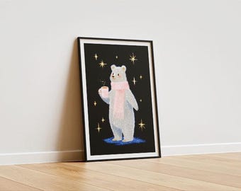 Winter Polar Bear Art Print | Sparkly Christmas Bear Digital Download | Cozy Animal Wall Art | Holiday Decor