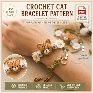 May include: A digital PDF crochet pattern for a cat bracelet featuring a brown tabby cat head, white crocheted flowers, and small paw prints. The design includes a gold moon charm, star charms, and green floral beads on a braided cord bracelet.