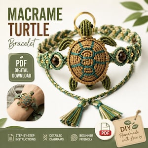 May include: A macrame turtle bracelet featuring a central turtle motif in tan and teal cord, accented with dark brown beads and gold-toned metallic beads. The bracelet includes braided cords ending in tassels and a PDF digital download label.